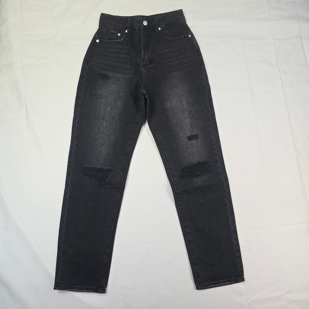 Lilou High Rise Distressed Straight Leg Jeans Women Size Small (24) Black Ripped